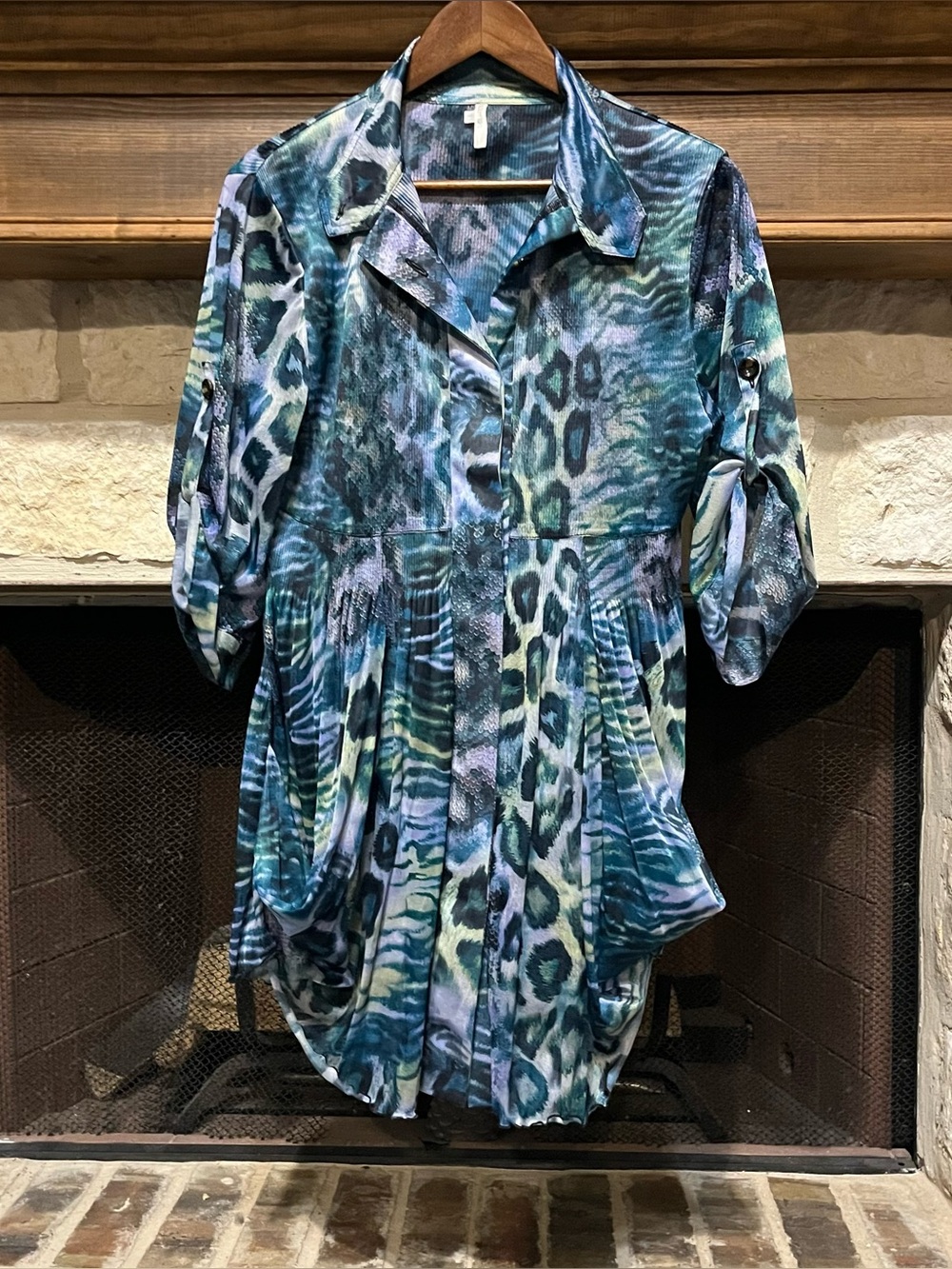 Lindi Teal Blue Leopard Animal Print Tunic Blouse Size L Eclectic Indie Sleaze